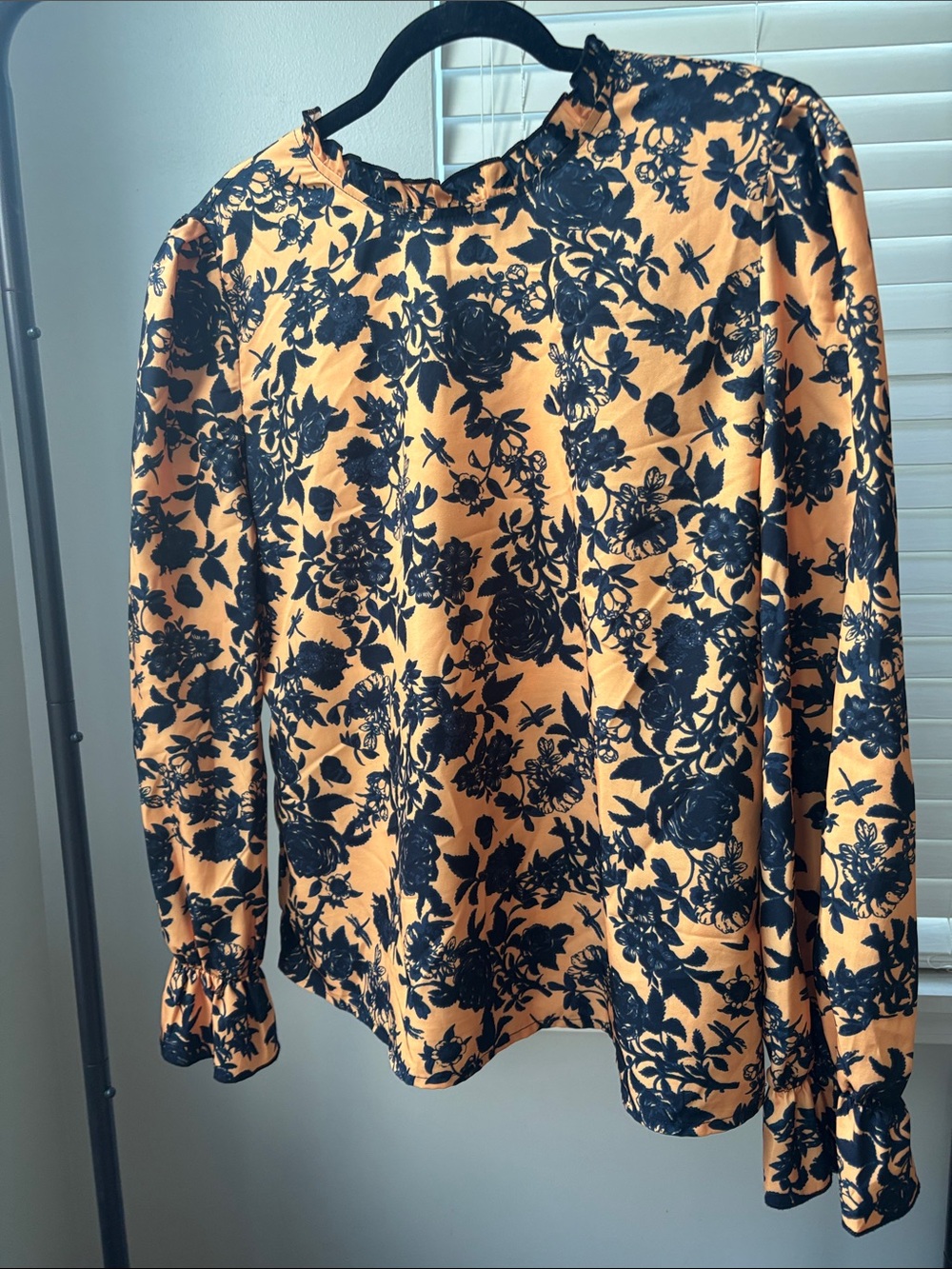 SHEIN Black Floral Print Long Sleeve Top on Mustard Yellow